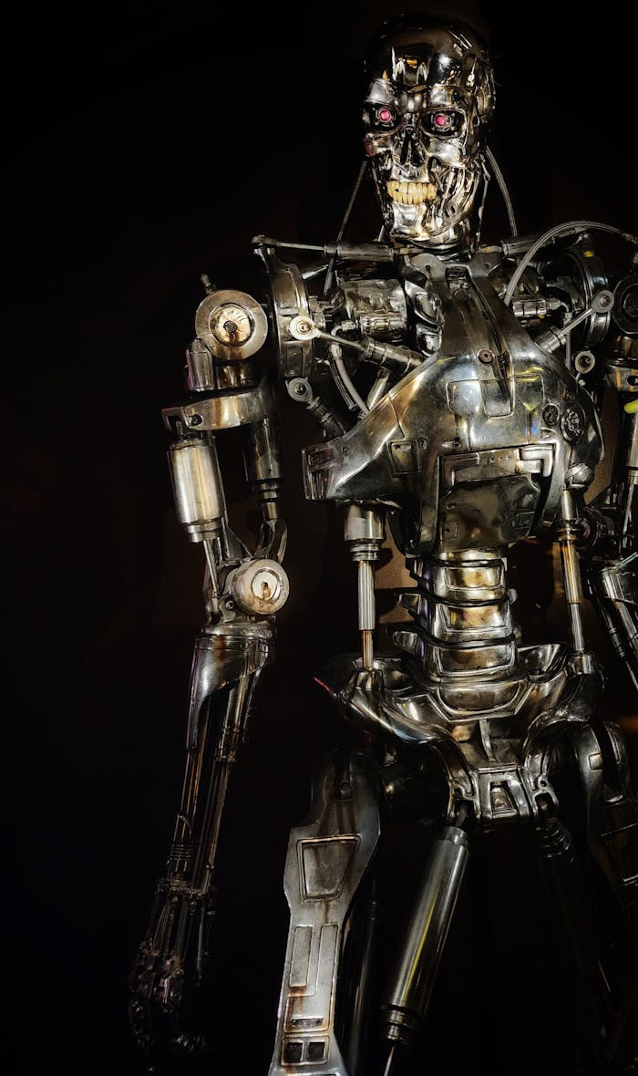 services-img Close-up of a metallic robot showcasing intricate mechanical details in a dark setting.